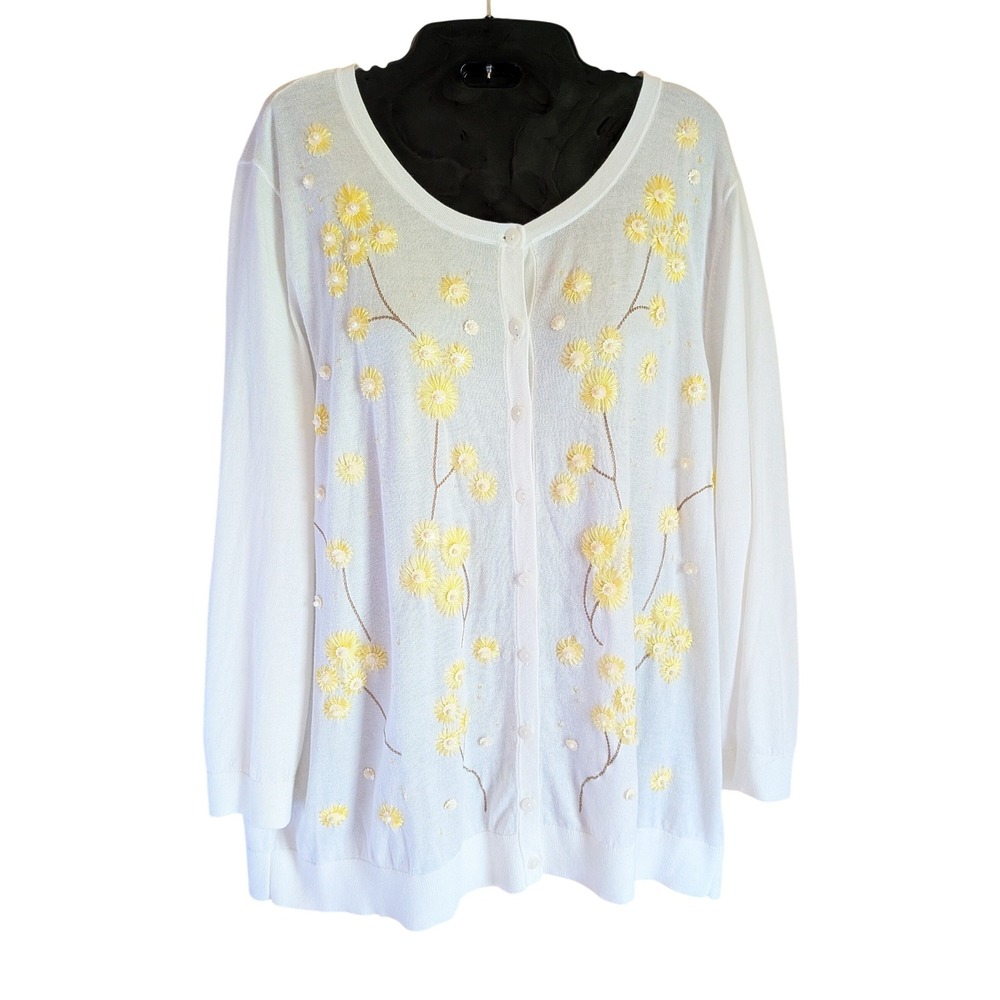 Talbots Cardigan Sweater 2X Butter Yellow Floral Embroidered Sequin Cottagecore